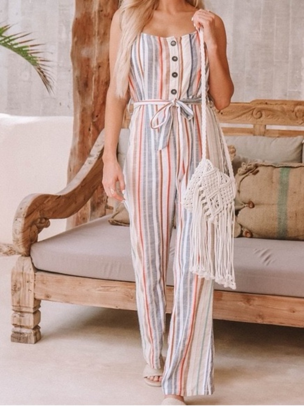 🆕 Sadie & Sage Striped Button-Front Jumpsuit in Blue & Coral